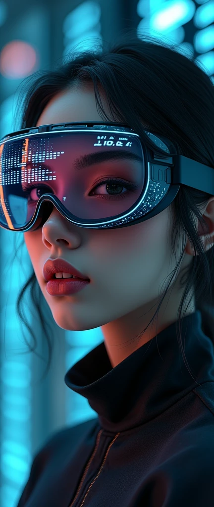 (masterpiece:1.2,Distinguished Quality,Mirror-like,Cinematic Experienc),8k,wallpaper,Ray Tracing,(woman),Are standing,(美しいwoman,sexy),(Wearing futuristic cyber goggles:2.0,Data displayed on goggles:2.0,Detailed drawing of goggles:2.0),(A face with attention to detail,Detailed skin texture,Beautiful Skin),(Looking into the camera),(front),(Face close-up:2.0),(Server puncture:2.0),(The background is a wall of data:2.0),(Glossy lips:1.5)