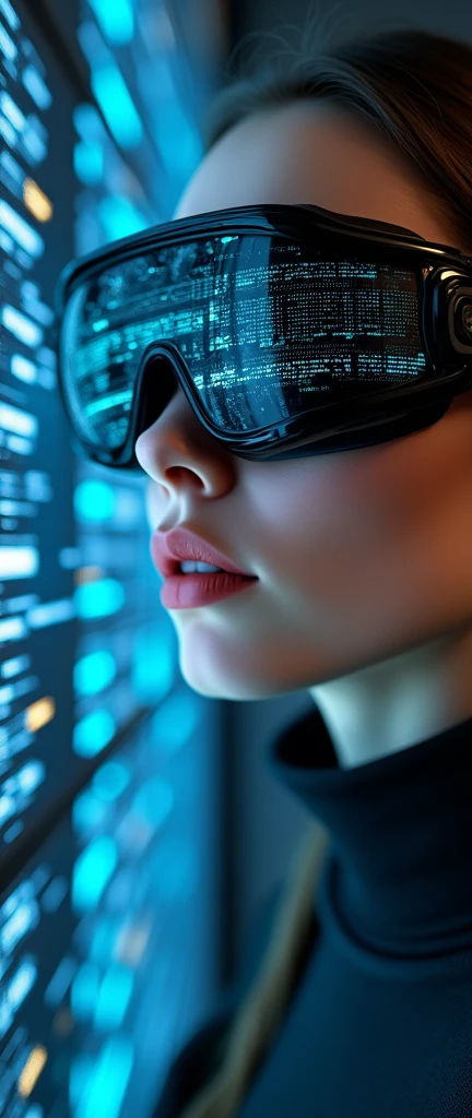 (masterpiece:1.2,Distinguished Quality,Mirror-like,Cinematic Experienc),8k,wallpaper,Ray Tracing,(woman),Are standing,(美しいwoman,sexy),(Wearing futuristic cyber goggles:2.0,Data displayed on goggles:2.0,Detailed drawing of goggles:2.0),(A face with attention to detail,Detailed skin texture,Beautiful Skin),(Looking into the camera),(front),(Face close-up:2.0),(Server puncture:2.0),(The background is a wall of data:2.0),(Glossy lips:1.5)