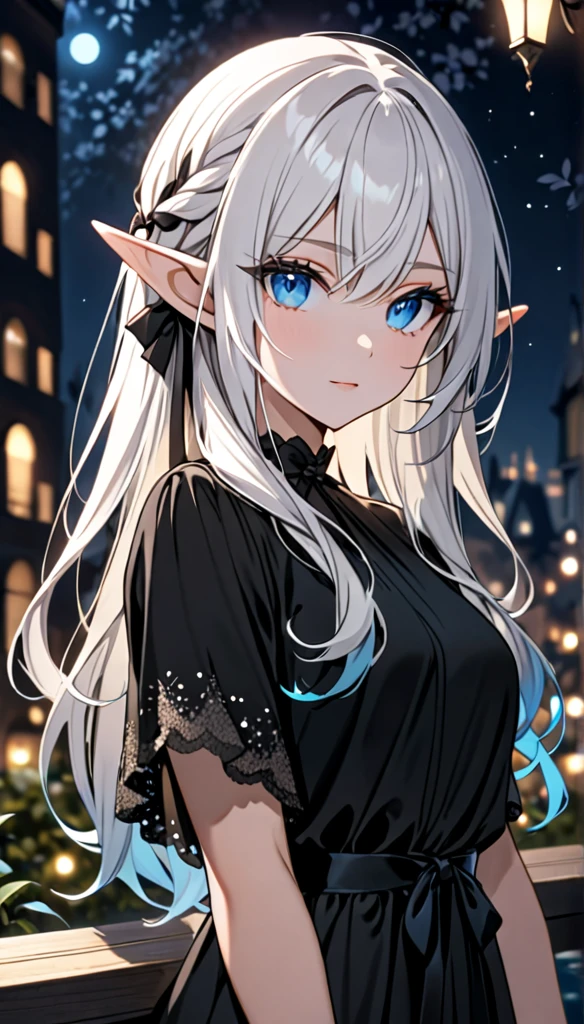 Beautiful, black ribbon, black shirt, night, looking fancy,elf, white hair long, blue eyes