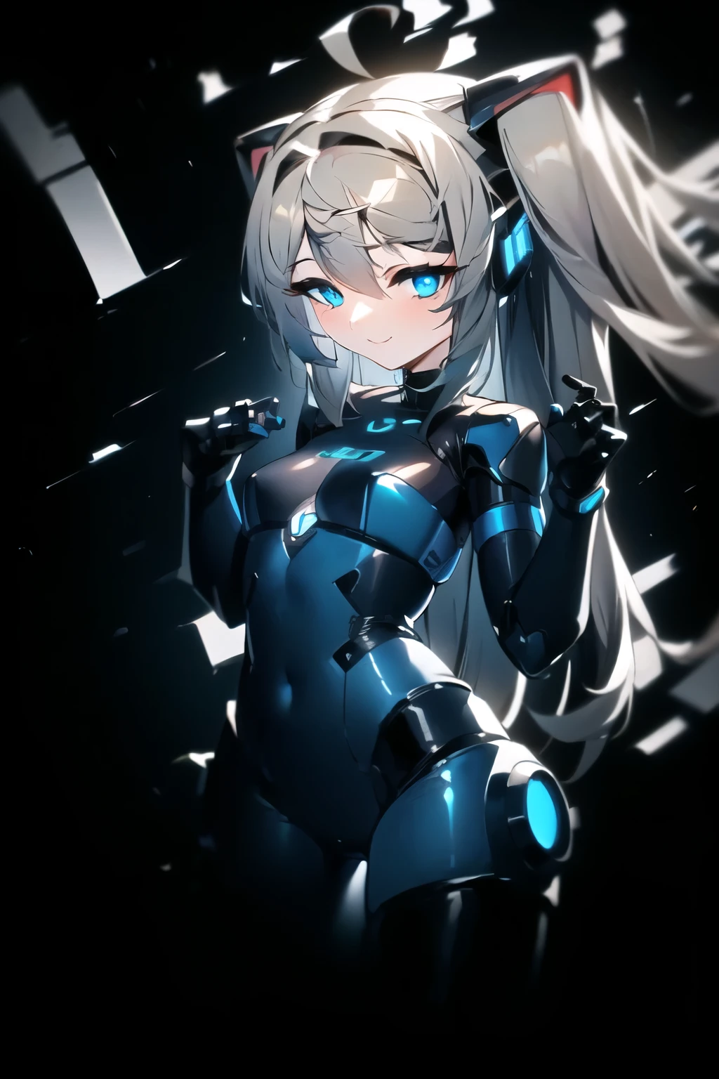 anime girl with blue eyes and long hair in a futuristic outfit, smiling at viewer, android heroine, fully robotic!! catgirl, anime manga robot!! anime girl, fully robotic!! girl, nanogirlv 2, cybersuits, girl in mecha cyber armor, perfect android girl, cyber suit, cybersuit, cyberpunk anime girl mech, kda, anime girl of the future, nightcore, closed hands