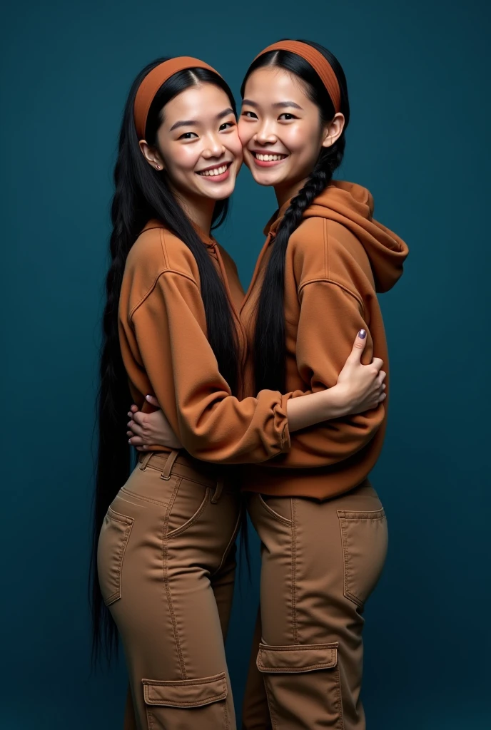Create a two 2 full body beautiful Thai women smiling wearing a brown hoodie and brown cargo pants with brown headband and black beautiful adidas shoes, black long straight braids hairstyles posting hug position a dark blue background, looking at the camera. Photography