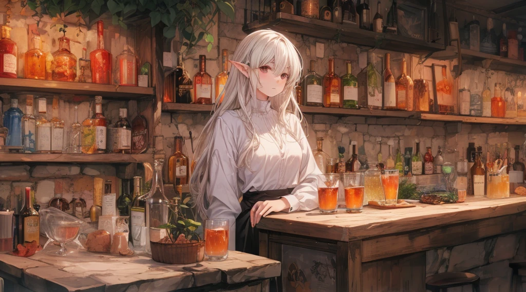 An atmospheric, anime-style scene set in a sophisticated elven bar. The elegant elf bartender is gracefully serving drinks to customers at a wooden counter. The bar is warmly lit by candlelight, with vintage bottles and glasses neatly arranged on stone shelves. The walls are made of ancient stone, and the atmosphere is cozy, calm, and inviting, perfect for a quiet, serene evening in a fantasy setting. The overall scene is depicted in a detailed anime style, capturing the magical and refined nature of the elven world.