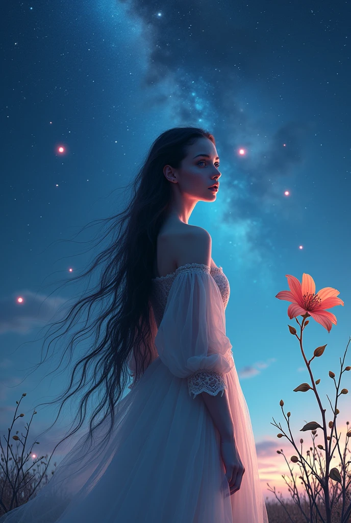 Semi-portrait, Highest quality, masterpiece, Ultra-high resolution, (Photorealistic:1.4), Surrealism, dream-like,
1 girl, Ridiculously long hair, Starry Sky, night,performer, Milky Way, flower,
