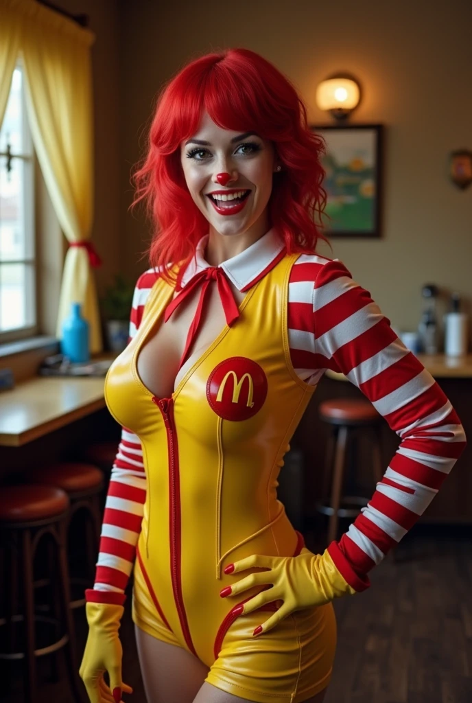 (full body shot, ultra-detailed, best quality, photorealistic:1.37, 4k, realistic, portrait, photography, Betty Page, laying down on a bed, latex, fetish, dressed like Ronald Mcdonald, completely covered by Hamburgers Big Mac, and french fries, detailed facial features, vibrant colours, 35mm)