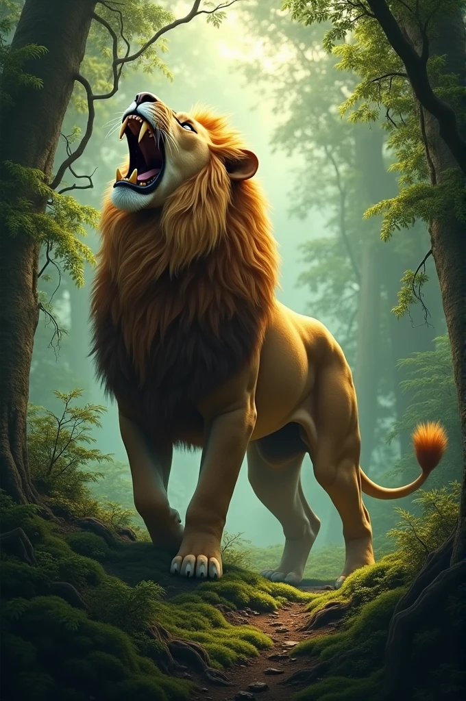 A lion roar in the forest