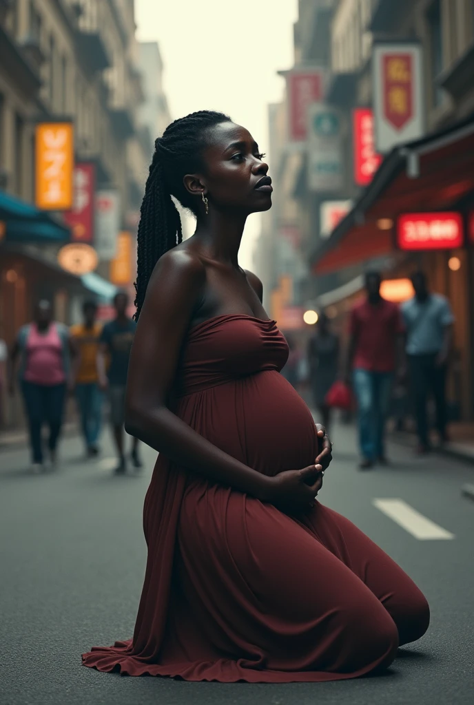 With dramatic crying african black pregnant woman dramatically crying on the floor looking down in a busy city generate an image of a dark black beautiful lady with straight dress clothes pregnant and crying on the city streets 