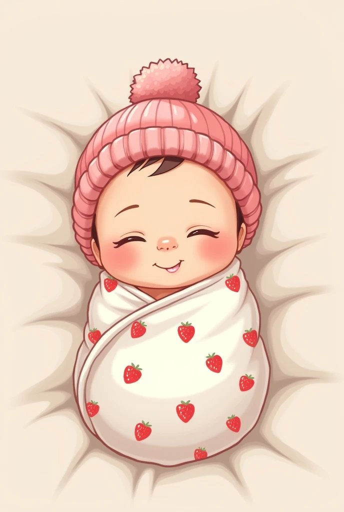 1 newborn baby in pink hat, covered with a white blanket with red strawberry pattern, lying with eyes closed sleeping but smiling slightly. Baby lying horizontally, person facing up but head on left side and face turned towards camera Drawn in cute chibi cartoon style