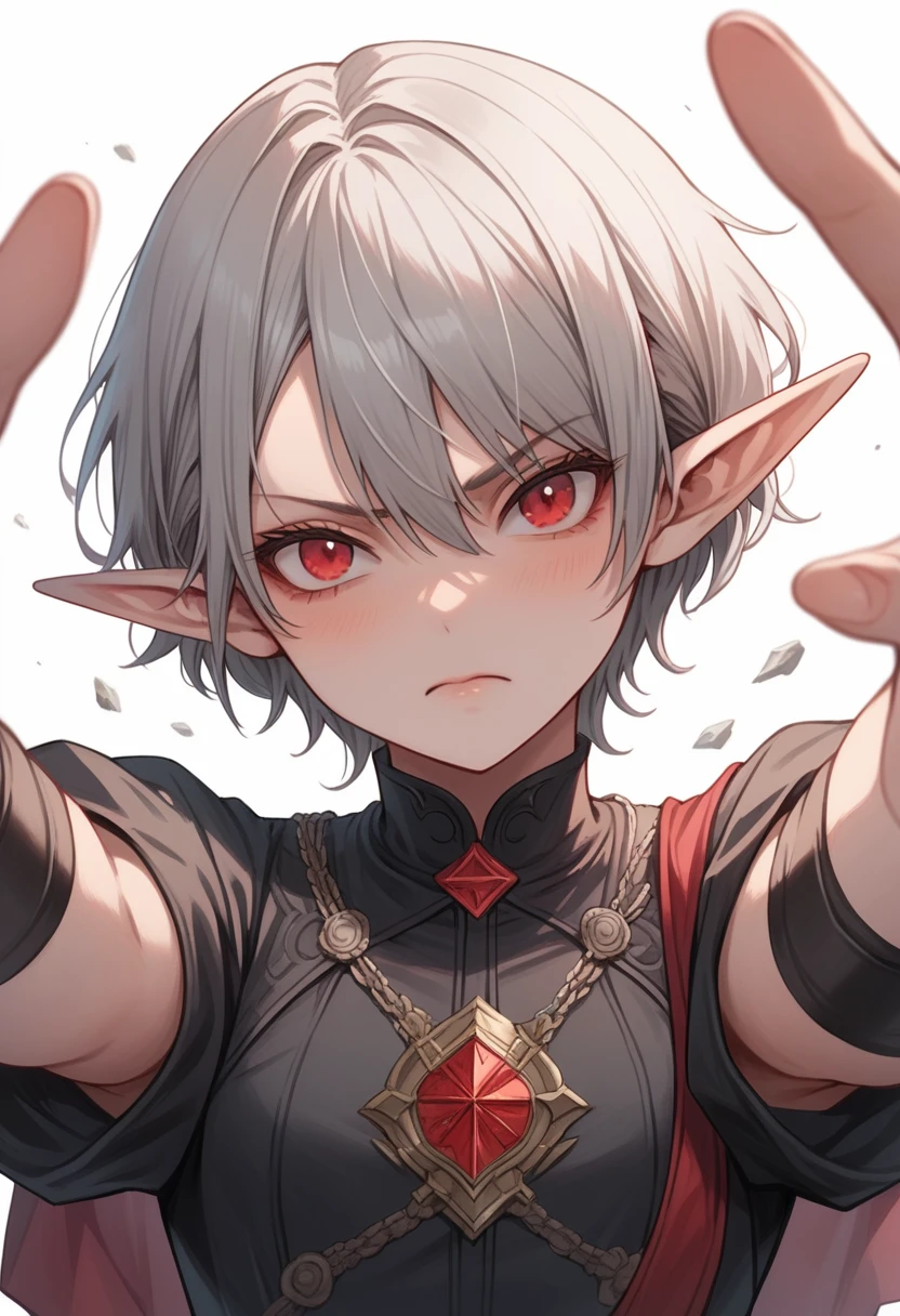 anime, anime style, UHD, masterpiece, accurate, anatomically correct, textured skin, high details, high quality, award winning, best quality, highres, 4K, anime girl, grey hair, red eyes, seductive, elf ears, short hair, white background, short hair, dynamic pose, upset, pov, full body