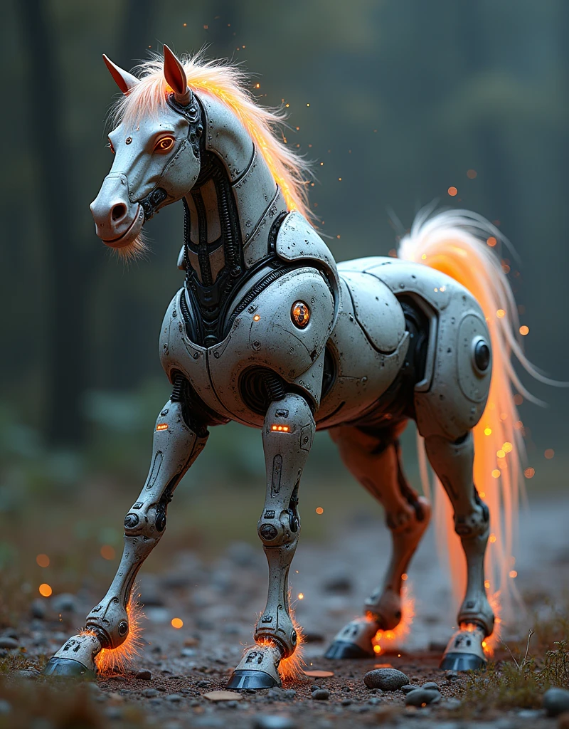 a photo of a mecha robo mythology creature centaur, horse tail, highly detailed, photorealistic, cinematic lighting, intricate machinery, gleaming metal, glowing energy, epic scale, futuristic, science fiction