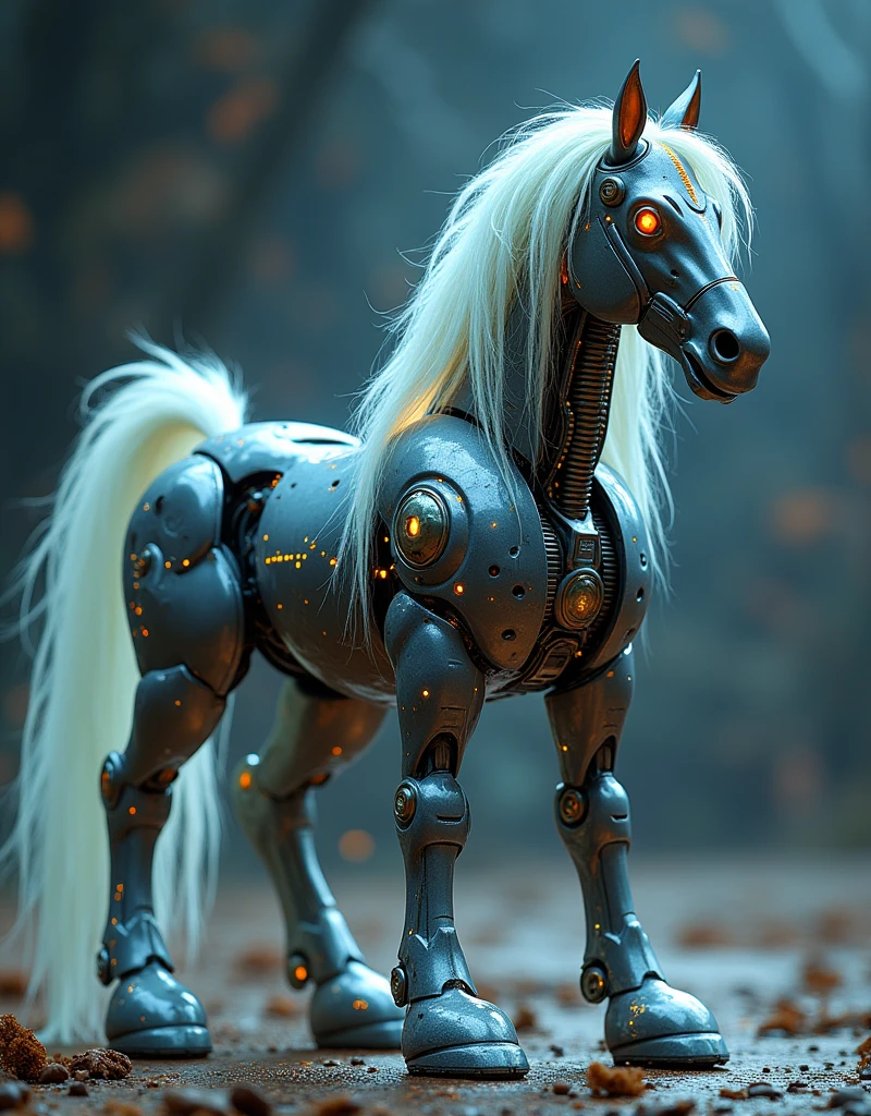 a photo of a mecha robo mythology creature centaur, horse tail, highly detailed, photorealistic, cinematic lighting, intricate machinery, gleaming metal, glowing energy, epic scale, futuristic, science fiction