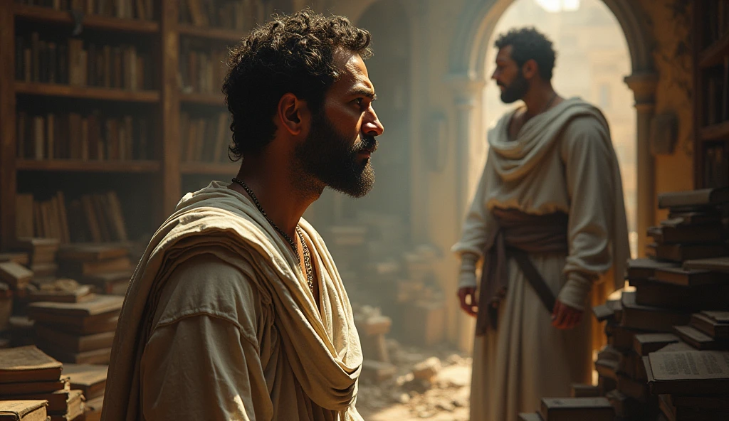 A male Stoic philosopher, around 2, with a well-proportioned and attractive physique and slightly tanned skin, stands amidst a cluttered environment filled with books and symbols of rigid beliefs. Dressed in classic tunics of soft earthy tones—gray, brown, and olive green—with subtle gold or copper details that reveal his shoulder, he gazes at a blurred figure representing a betraying friend. His face shows confusion and pain, encapsulating his struggle to confront the truth. The scene is painted in an impressionist style, with dramatic brushstrokes capturing the atmosphere of self-deception and internal conflict. The contrast of light and shadow highlights the emotional struggle of dealing with excessive piety and the challenge of accepting reality.