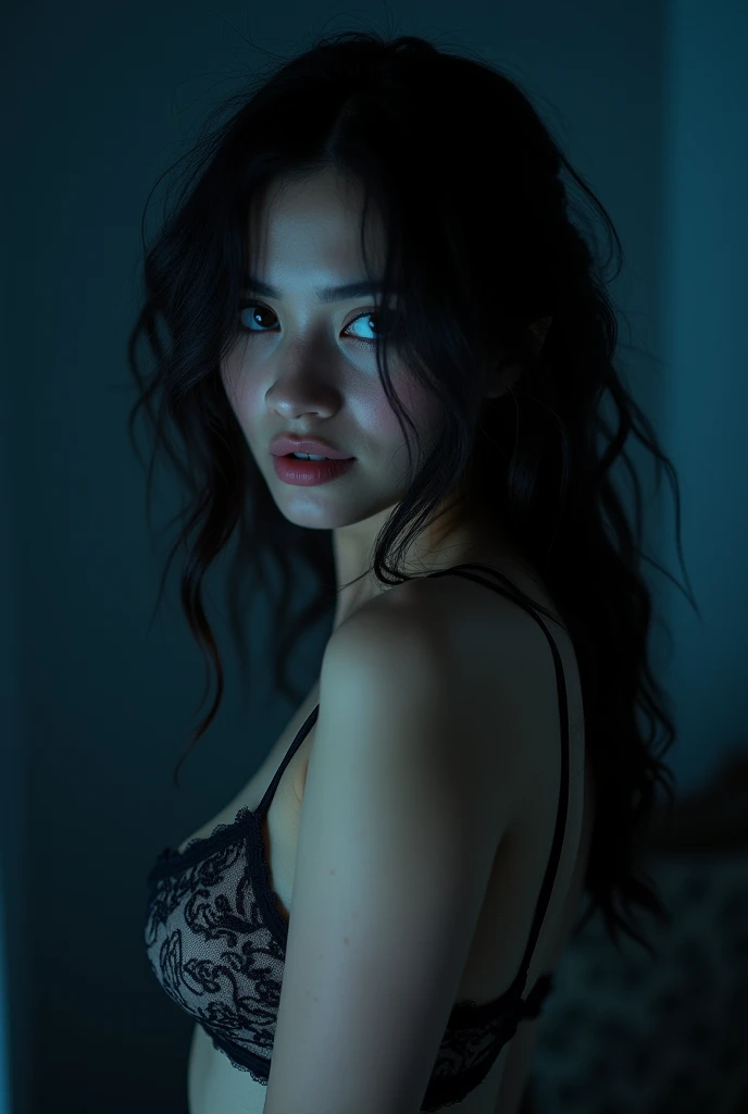 highest quality, epic realistic, ((in the pitch black darkness :1.4)), ((portrait:1.5)),(background: dark ) high contrast ,glorious picture, lowest lux, lighting face, she's comfortable, wearing lingerie, looks incredible, (8k, Raw photo, Highest quality),(epic realistic:1.5), a woman, face,(detailed eyes:0.8),(looking at the camera:1.4), (Highest quality), ( high contrast, deep shadows),Intricate details,cinematic,((skin:1.4)), (long dark hair:1.3), long hair, messy ,(Hdr:1.5),Detailed, colors, Superior quality, Masterpiece, Raw Photo (20-year-old, looking at viewer), beautiful, (wearing underwear,), perfect, natural, perfect composition, portrait, perfect face, smiling expression, Captivating eyes, Bright details, Tight lips, (High Skin Detail),, (blue tint: 0.6), (sale: 0.8), (bloody: 0.7), Key lighting , (backlight: 0.5), Medium depth of field, Canon 5d, 50mm lens, f/4 apertures, (Ultra-detailed, Complex detail), sharp focus, soft colors, 8k, Absurd, 80mm, dark background, photography, smiling, medium ,