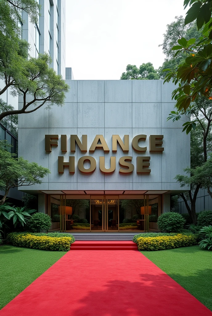 Create a building with Singaporean, state design and a concrete on the building written FINANCE HOUSE on it's own compound with Grass and flowers with red carpet on entrance