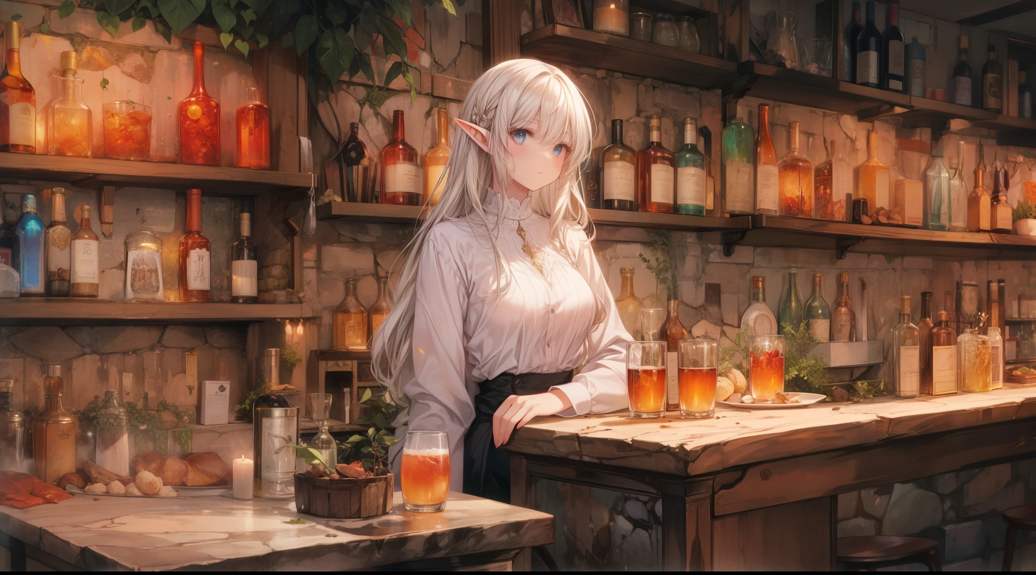 An atmospheric, anime-style scene set in a sophisticated elven bar. The elegant elf bartender is gracefully serving drinks to customers at a wooden counter. The bar is warmly lit by candlelight, with vintage bottles and glasses neatly arranged on stone shelves. The walls are made of ancient stone, and the atmosphere is cozy, calm, and inviting, perfect for a quiet, serene evening in a fantasy setting. The overall scene is depicted in a detailed anime style, capturing the magical and refined nature of the elven world.