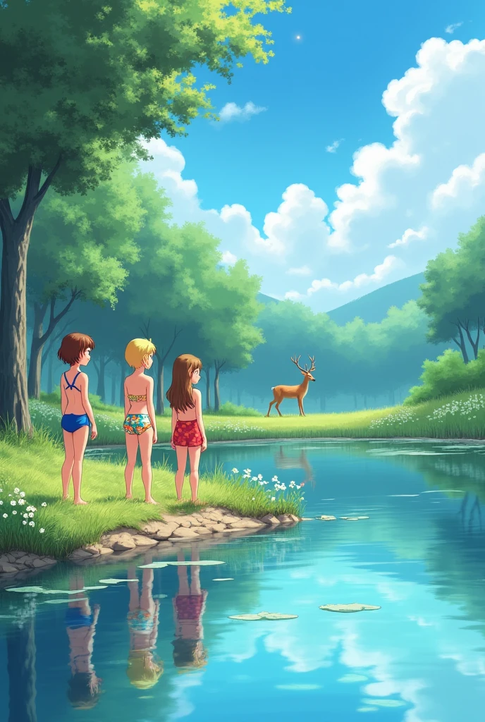 Photo of girls in swimsuits on the shore of a pond,blue sky with clouds,there is a deer walking nearby.