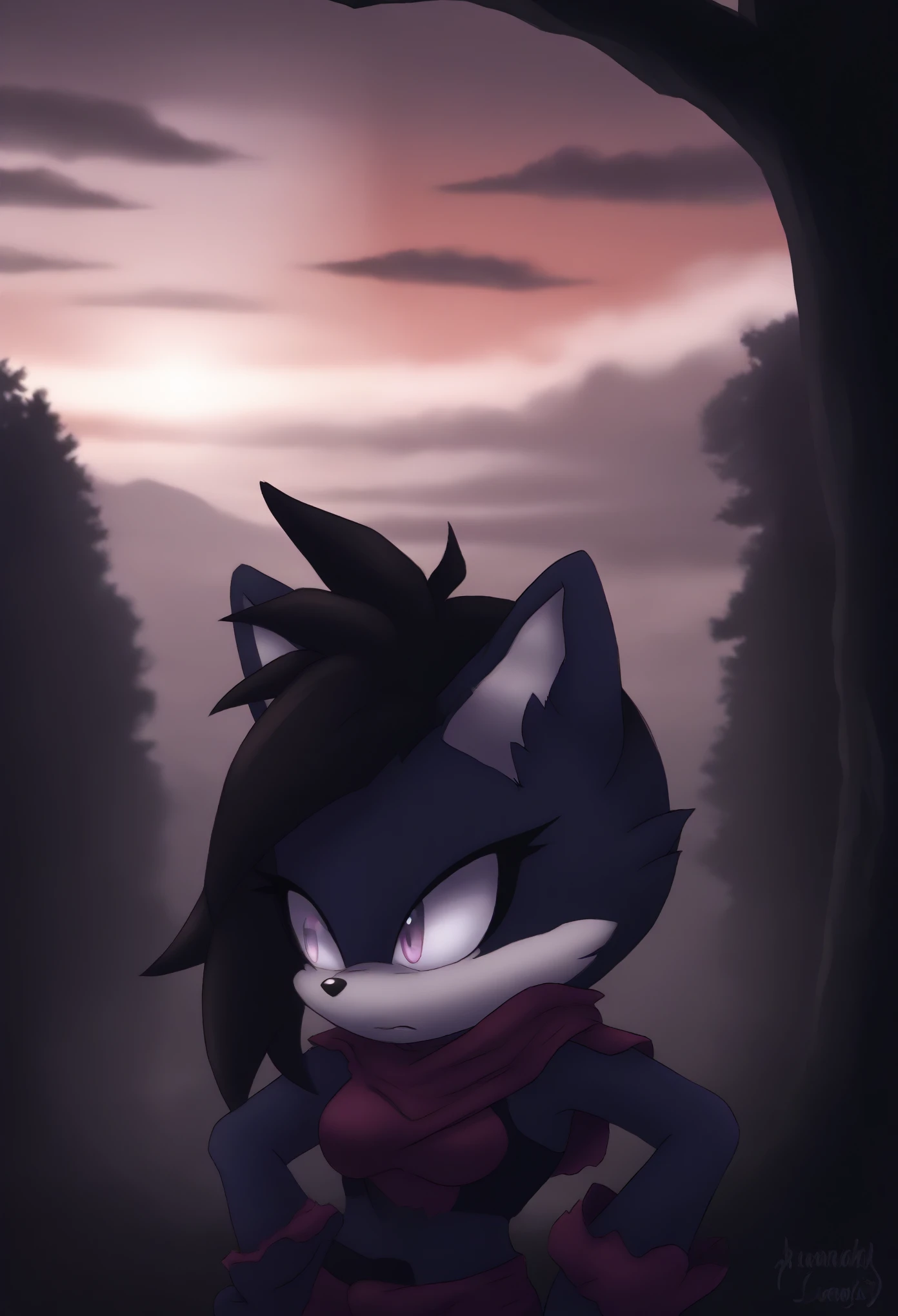 RWBY, (Ruby Rose as a Mobian wolf), Female wolf, (great detail), (valley background), 1girl, solo, black hair with red tips, black fur, silver colored eyes, shoulder-length hair, bangs, dusk, cloud, (1girl), (solo), outdoors, tree, hand on hip, arm at side, looking to the side, medium breasts, upper body, standing, eyelashes, nighttime, mobian, Mobius city