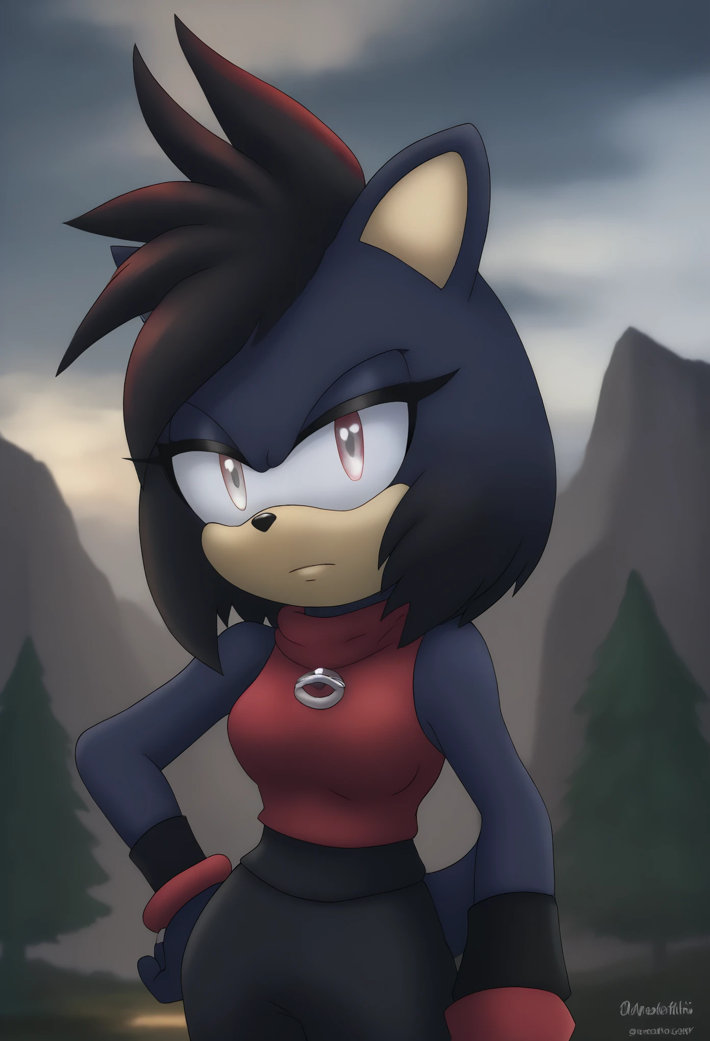 RWBY, (Ruby Rose as a Mobian hedgehog), Female hedgehog, (great detail), (valley background), 1girl, solo, black hair with red tips, black fur, silver colored eyes, shoulder-length hair, bangs, dusk, cloud, (1girl), (solo), outdoors, tree, hand on hip, arm at side, looking to the side, medium breasts, upper body, standing, eyelashes, nighttime, mobian, Mobius city
