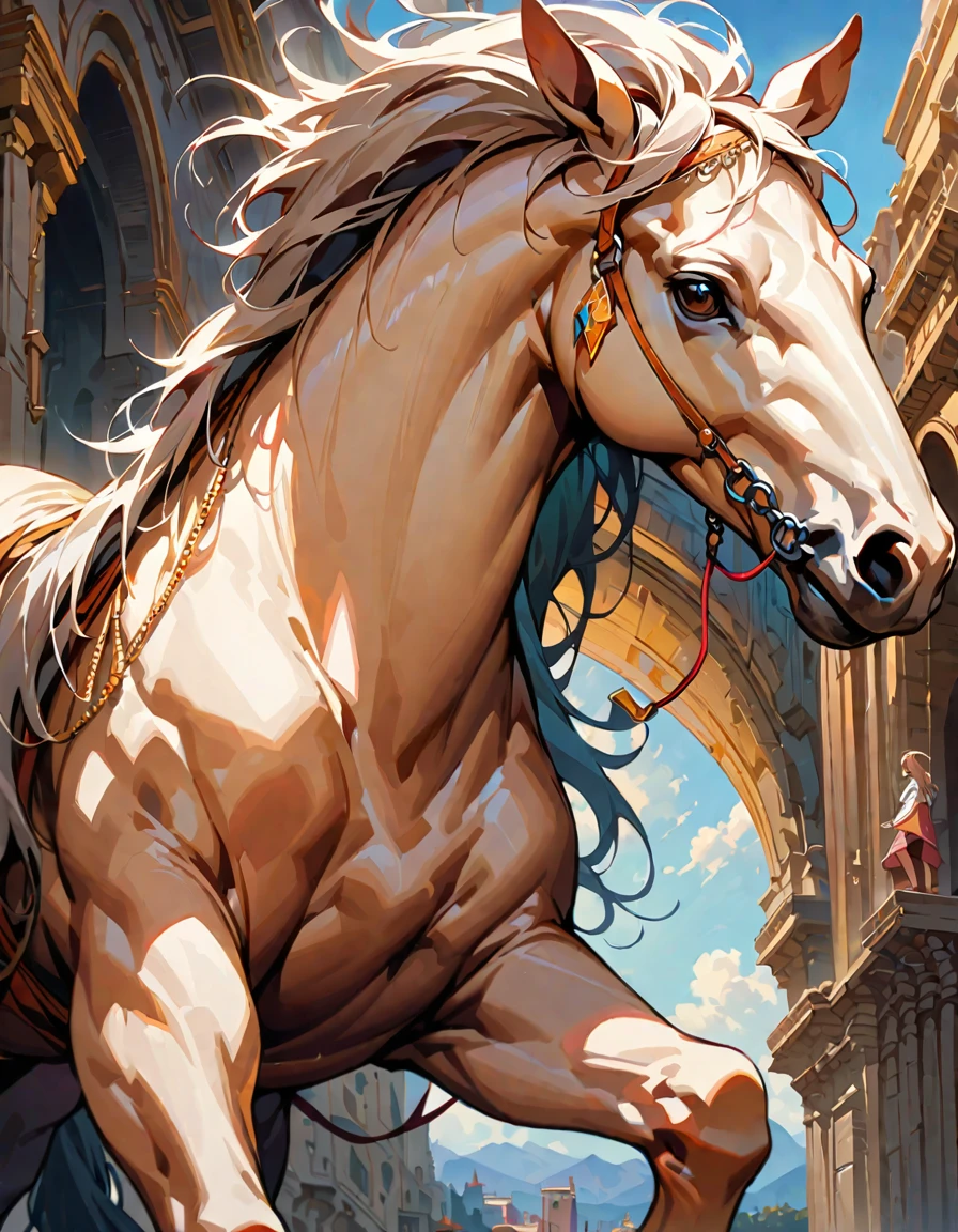 Young beautiful woman,(Highest quality,Extremely detailed depiction,Incredibly absurd high resolution,Anatomically accurate depiction),Centaur,The upper body is a human female,The lower body is a horse&#39;s body,Black latex,Large Breasts,Competing,Racecourseで走っている:1.3,background:Racecourse