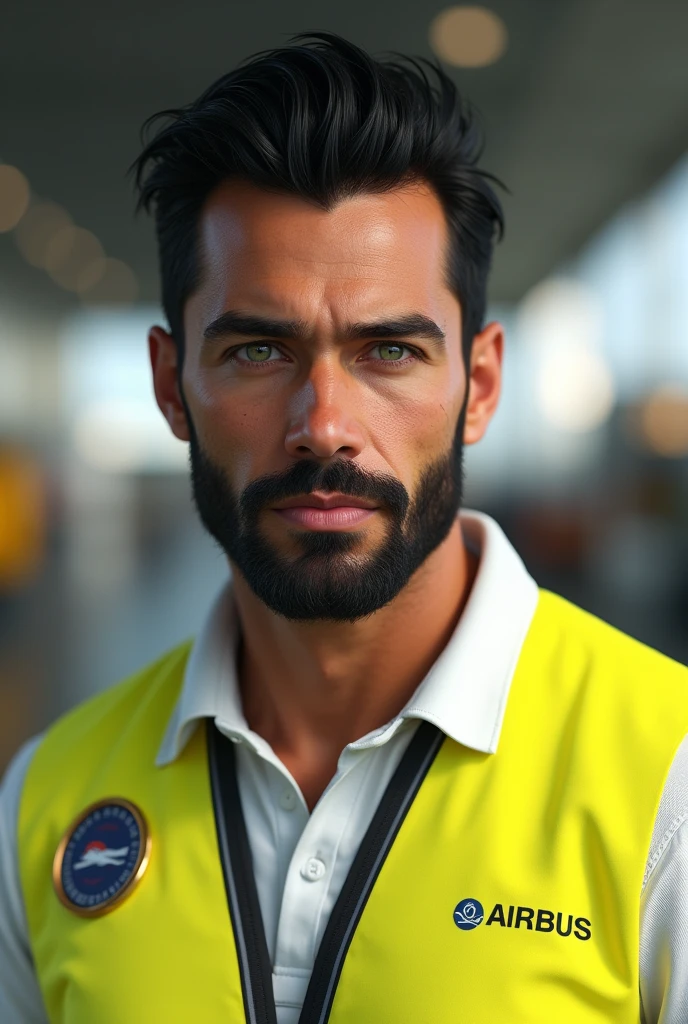 (photorealism:1.2), beautiful tanned man, Brazilian, green eyed, black hair with a little beard, in a white polo shirt and a yellow high visibility Airbus vest, a badge around the neck with an airbus in the background