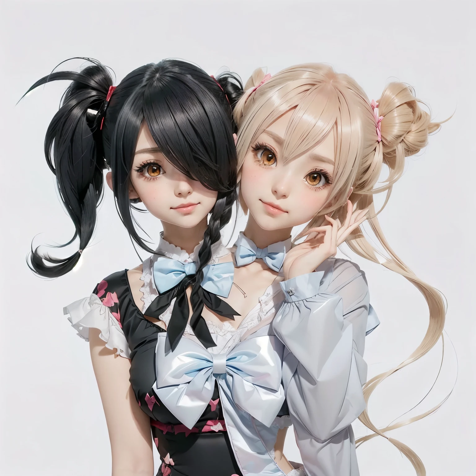 (2heads:1.2), anime girl with a bow and a guy with a bow tie, twintails, in anime style, shirabii, two beautiful anime girls, in an anime style, anime girls, ecchi anime style, cute anime style, nixeu and sakimichan, anime artstyle, anime art style, jazza and rossdraws, shikamimi