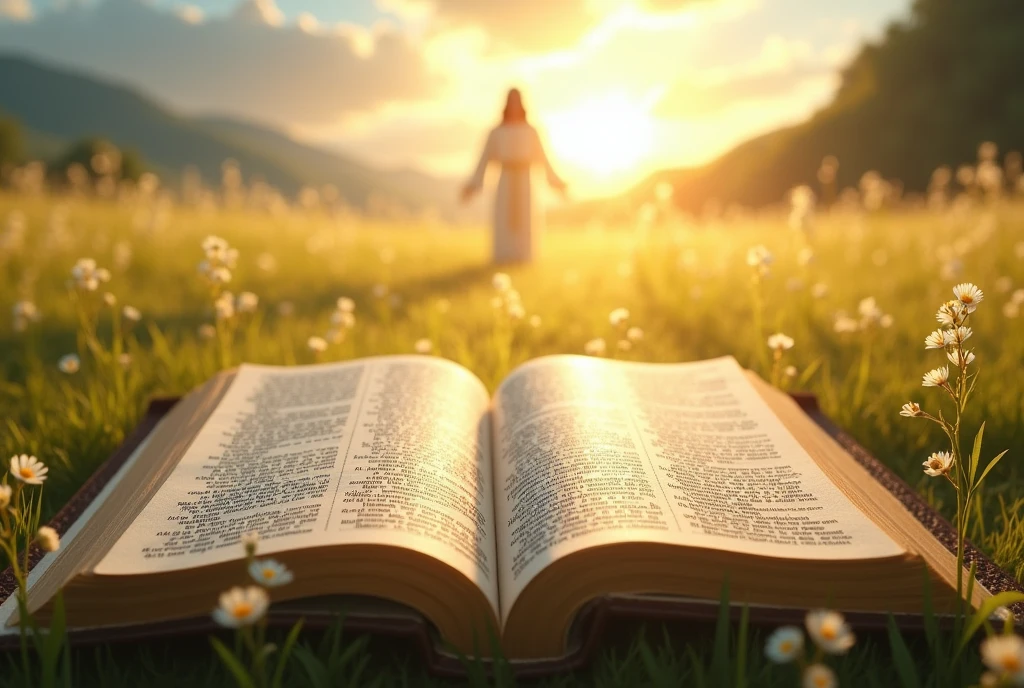 Open the divine bible and the background of daylight with in beautiful field with psalm 91, with jesus in the background