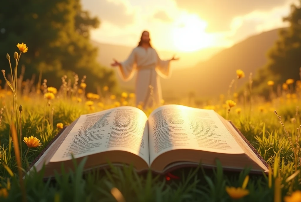Open the divine bible and the background of daylight with in beautiful field with psalm 91, with jesus in the background