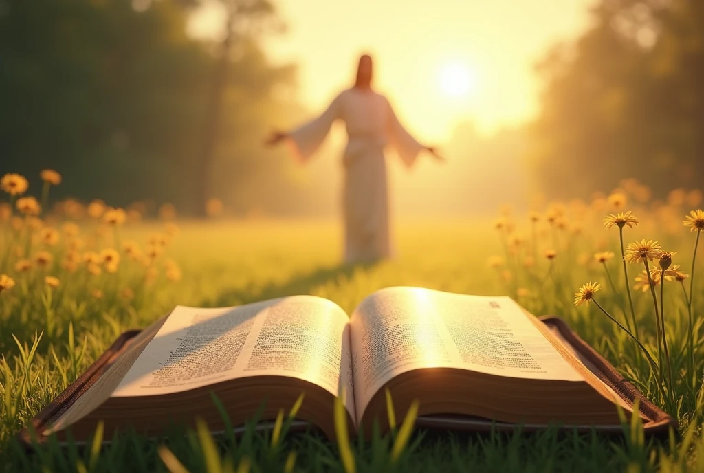 Open the divine bible and the background of daylight with in beautiful field with psalm 91, with jesus in the background