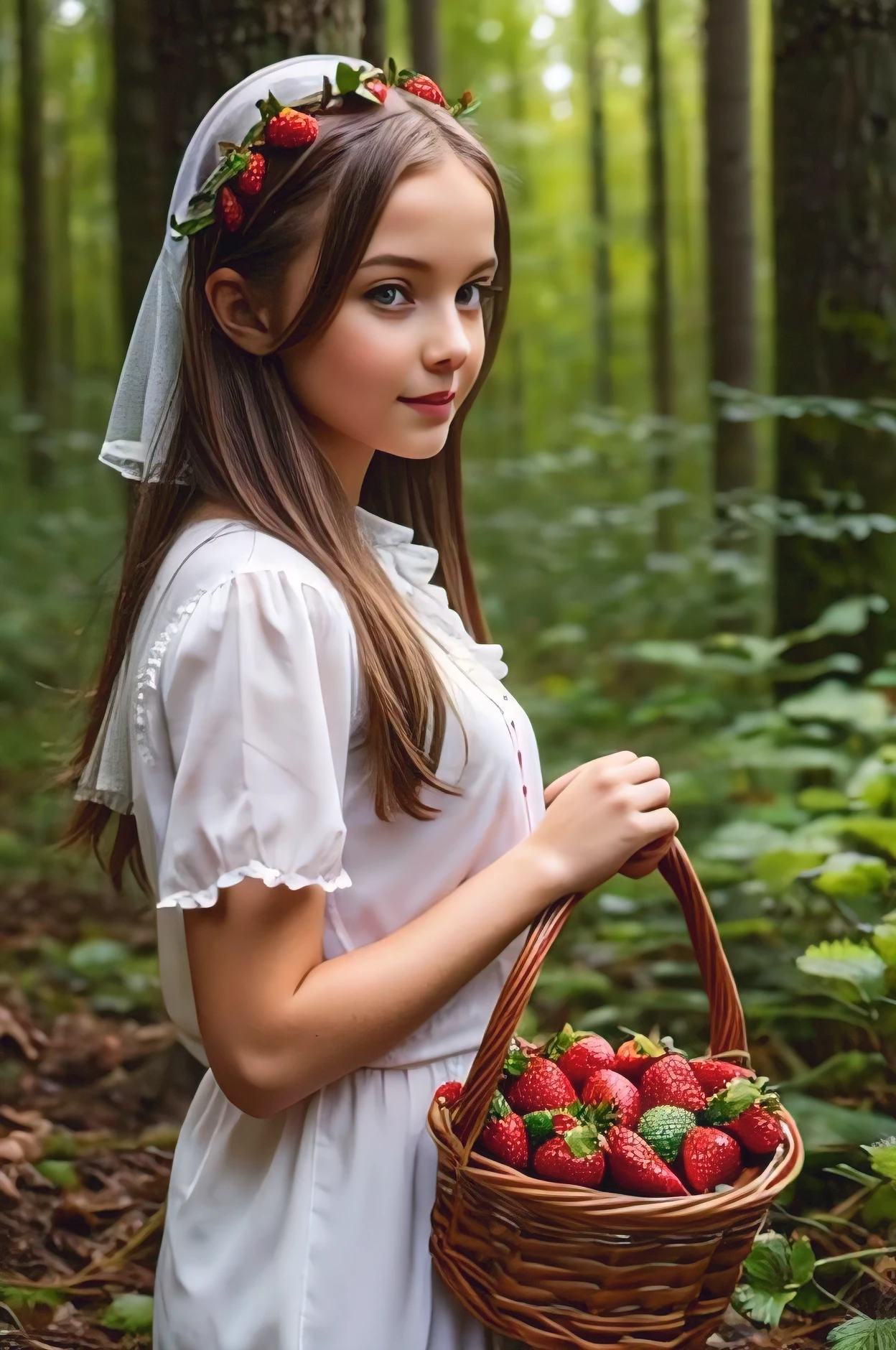 beautiful girl of Slavic appearance with a basket of strawberries in a forest clearing