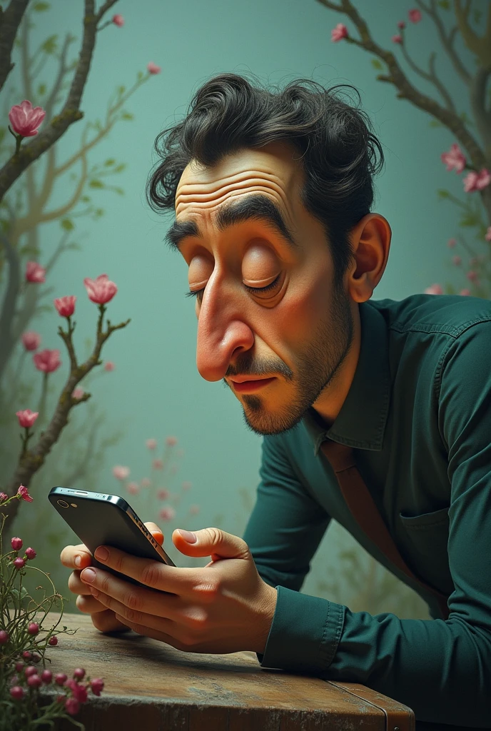 A man ignoring his cell phone even though he received a message, unrealistic drawing