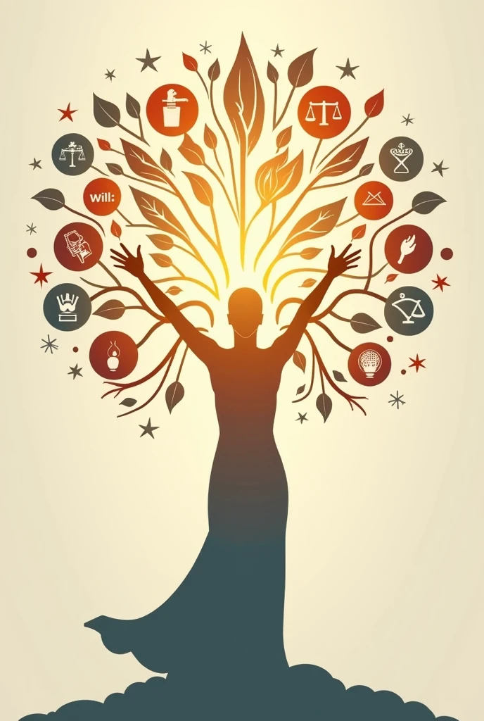 2. Visual Elements
- Central Image: Consider a symbolic central image like a tree of virtues with branches representing different values, or a human figure with elements symbolizing dignity and respect surrounding it.
- Icons/Symbols: Use symbols for each concept (e.g., a heart for respect, a torch for will, scales for dignity).
3. Text and Typography
- Title: Create a prominent title like “The Essence of Human Virtues” at the top.
- Concept Descriptions: Briefly describe each concept in separate sections or around the central image. Use different fonts or styles to highlight each idea.
4. Color Scheme
- Background: Choose a calming or neutral background color to make the content stand out.
- Concept Colors: Use distinct colors for each virtue or value. For example, use green for growth (virtue), blue for trust (respect), etc.
