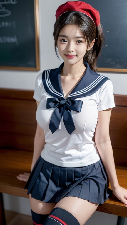 (A gorgeous Japanese idol, age 22, in a cafe, wearing serafuku, seifuku, school uniform, sailor moon, jk uniform, high-school uniform, pleated mini-skirt, red ribbon, red bowtie, sailor hat, knee high socks,
Easygoing expressions, kind smile, dimpled chins, cute snaggle-tooth, short bob hair, short ponytail, symmetrical face, realistic detailed face, beautiful detailed eyes, perfect body anatomy, hourglass figure, ample round bosoms, huge breasts,
Raw photo, photorealistic, realistic portrait, hyper-realism, high contrast, ultra HD, realistic skin textures, top image quality, top-quality, super high resolution, fine details, very meticulously, masterpiece, medium shot, close-up shot, cowboy shot, High Angle Shot, bokeh background, SFW, Safe For Work)