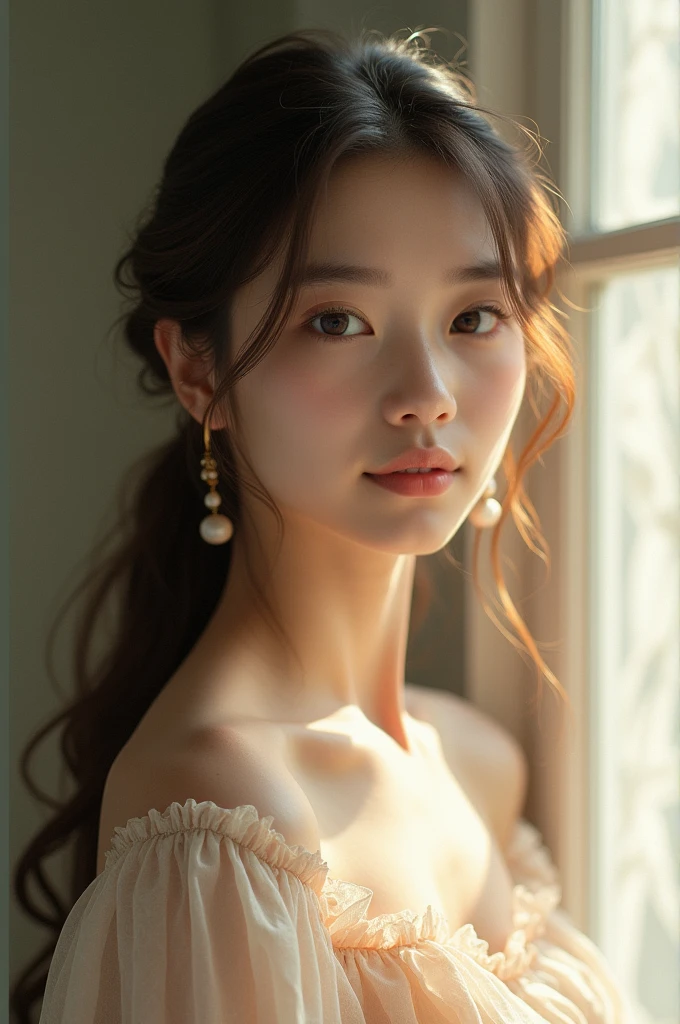 A beautiful, slim, and adorable girl with a soft, angelic appearance. She has large, sparkling eyes filled with warmth and kindness, a delicate nose, and a gentle smile that lights up her face. Her long, silky hair cascades down her shoulders in soft waves. She is dressed in a light, pastel-colored dress that subtly enhances her slim figure, with a touch of elegance. The background is blurred, featuring soft, muted tones, giving the image a serene and dreamy atmosphere. A soft, natural light highlights her features, emphasizing her ethereal and aesthetic beauty."