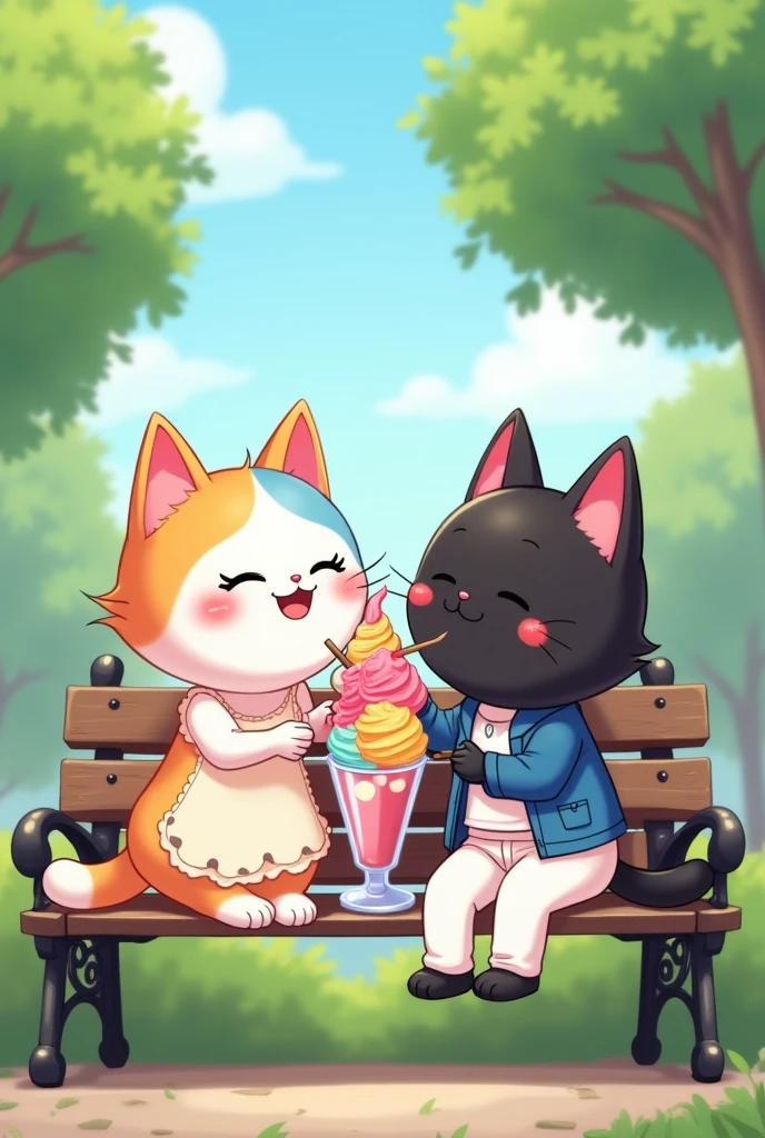 Image 4**: The cats are sitting on a park bench, sharing a large ice cream sundae. They have joyful expressions, with the black cat weaing a jacket and white pant feeding a spoonful of ice cream to the rainbow-colored white cat cat. Wearing a dress