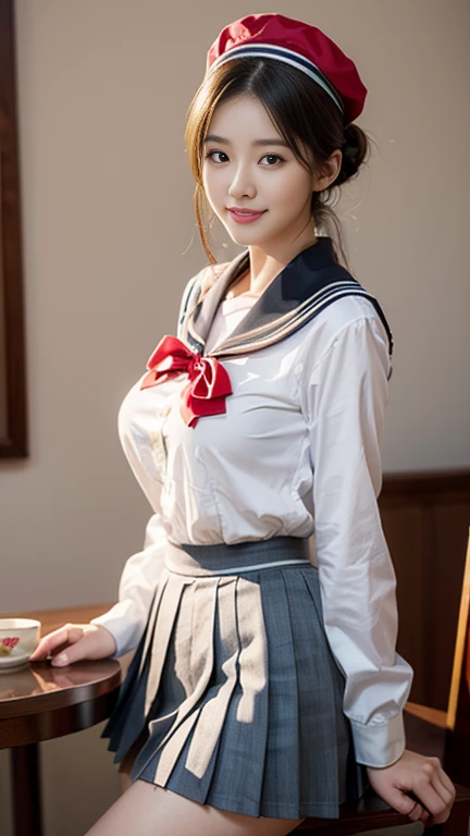 (A gorgeous Japanese idol, age 22, in a cafe, wearing serafuku, seifuku, school uniform, sailor moon, jk uniform, high-school uniform, pleated mini-skirt, red ribbon, red bowtie, sailor hat, knee high socks,
Easygoing expressions, kind smile, dimpled chins, cute snaggle-tooth, short bob hair, short ponytail, symmetrical face, realistic detailed face, beautiful detailed eyes, perfect body anatomy, hourglass figure, ample round bosoms, huge breasts,
Raw photo, photorealistic, realistic portrait, hyper-realism, high contrast, ultra HD, realistic skin textures, top image quality, top-quality, super high resolution, fine details, very meticulously, masterpiece, medium shot, close-up shot, cowboy shot, High Angle Shot, bokeh background, SFW, Safe For Work)