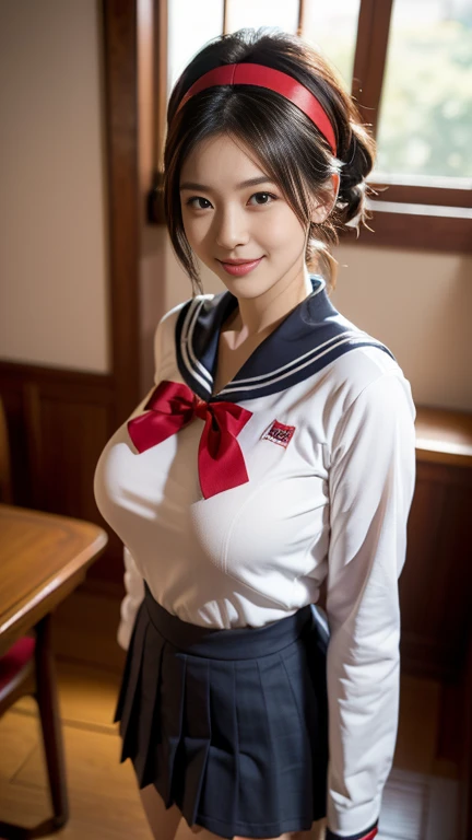 (A gorgeous Japanese idol, age 22, in a cafe, wearing serafuku, seifuku, school uniform, sailor moon, jk uniform, high-school uniform, pleated mini-skirt, red ribbon, red bowtie, sailor hat, knee high socks, 

Easygoing expressions, kind smile, dimpled chins, cute snaggle-tooth, short bob hair, short ponytail, symmetrical face, realistic detailed face, beautiful detailed eyes, perfect body anatomy, hourglass figure, ample round bosoms, huge breasts,

Raw photo, photorealistic, realistic portrait, hyper-realism, high contrast, ultra HD, realistic skin textures, top image quality, top-quality, super high resolution, fine details, very meticulously, masterpiece, medium shot, close-up shot, cowboy shot, High Angle Shot, bokeh background, SFW, Safe For Work)