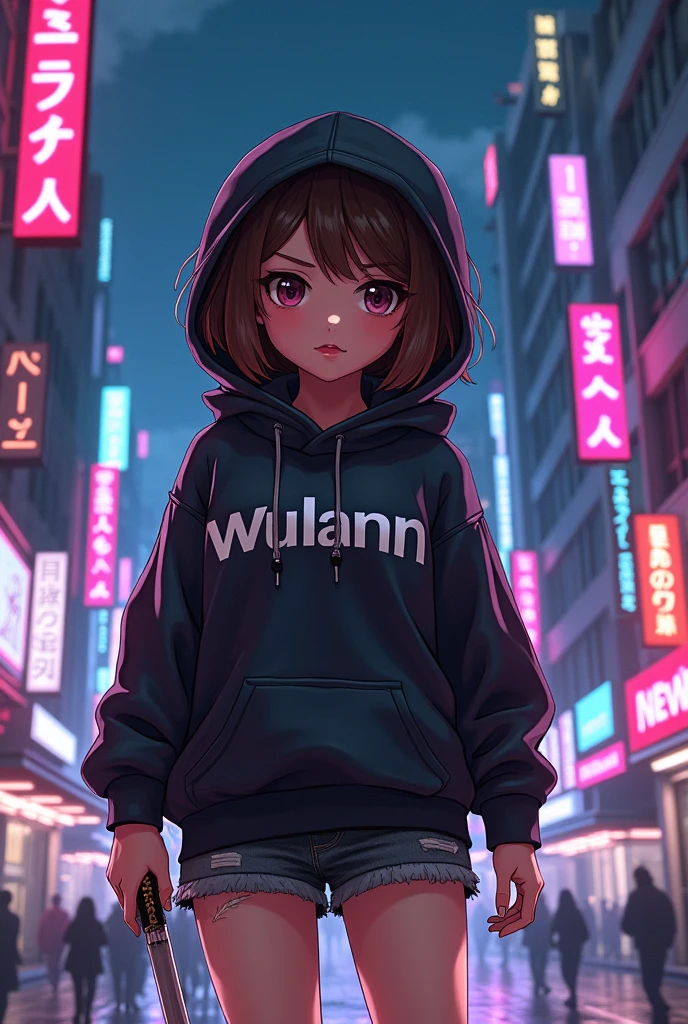 Create a character anime, {background: capital text: “GLBK” in right-top, night city}, tanned skin,
realistic, HDR, beautiful, japan style, full body, use deagger, age 20, hoodie HD text: “Wulann”, female, short hair, brown hair, chubby, orange
