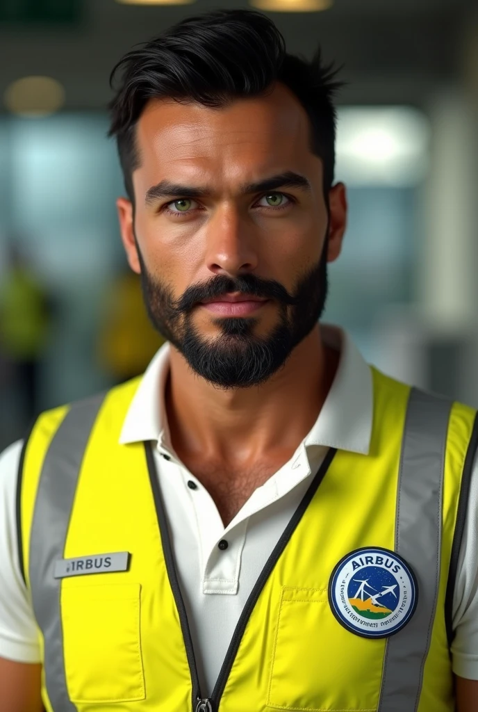 (photorealism:1.2), beautiful tanned man, Brazilian, green eyed, black hair with a little beard, in a white polo shirt and a yellow high visibility Airbus vest, a badge around the neck with an airbus in the background