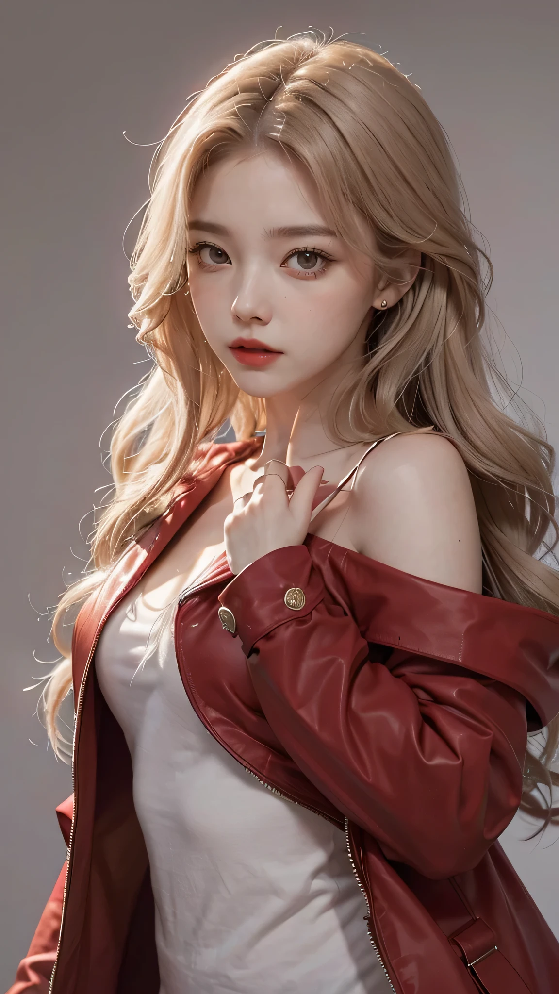 Girl wearing, luxury red coat, shoulder length hair, wavy hair, glowing skin, star in eye, red lips, grey background, cute poses , upper body, light blonde hair.