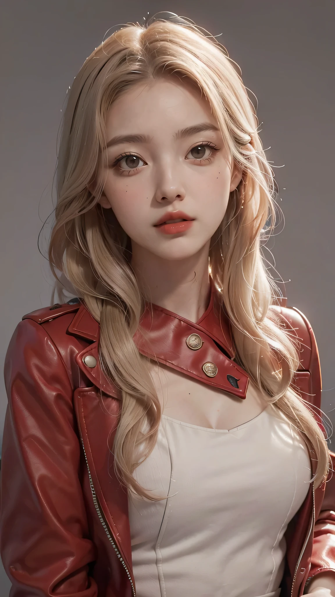 Girl wearing, luxury red coat, shoulder length hair, wavy hair, glowing skin, star in eye, red lips, grey  background, cute poses , upper body, light blonde hair.