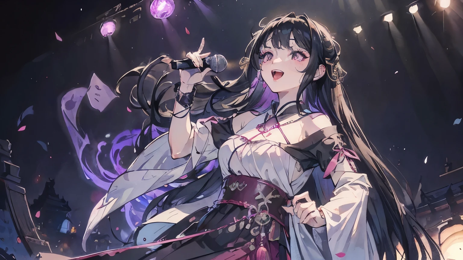 ((masterpiece)), Highest quality, (8k, Highest quality, masterpiece: 1.2), Very detailed, A woman singing in the Great Sanctuary、Black Hair、Long Hair、Dark purple blouse shirt(Short sleeve)、bracelet、Pink Lips、Big eyes、Double eyelids、Beauty、Beautiful Eyes、singer、stage、Spot Light、Gorgeous lighting、Sad expression、Highest quality、最高masterpiece、Extremely detailed、Whole body composition、Front angle、Singing with wide open mouth、smile、cool、Front composition、Age 25、Beautiful light、White lighting、Dazzling Light、Iridescent background、Fantasy