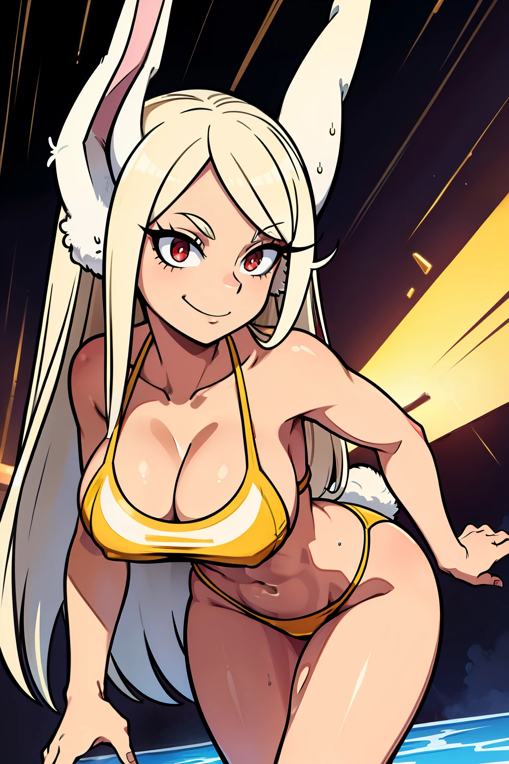 Cute girls,round red eyes, White hair、rabbit ears,sexy、smiling,Medium to long straight hairstyle、(Bigboobs,she is wearing a gold swimsuit,she is wearing a gold swimsuit,In a rental house,angulo dinamico,esta agachada,evening,it was raining outside,Upper body is wet.,whole body,she is wearing a gold swimsuit,gold swimsuit,sexy,huge breasts,sexy