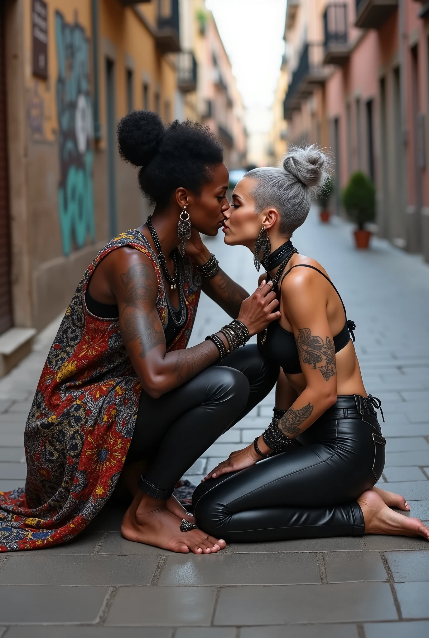 Three russian old milf women: the strong, muscular , dominant dark skinned gipsy woman (black afro, long african traditional colourful tunic, barefoot), squatting with possessive stance (arms around her two girlfriends' necks). At her feet, kneeling on the ground,her two caucasian girlfriends (pale faces, pale necks, pale chest, pale stomach, pale arms, pale hands, pale feet) groping and kissing each other, weak, light grey hair, submissive and needy, feeling defeated and needy, in laid back postures with hands touching their thongs or their necks or chest, looking at each other with open mouths, arched back, different clothes but all wearing clothes in rock chic style. grey hair (bouffant, top bun, shaved sides). Big lips. Black lace push up bras, silicone breasts,, low rise skinny leather jeans. Both Barefoot.. Lots of thick wide studded bracelets, chain necklaces and big rings,. Long earrings with chains and feathers. Chains around their hips. Lounging lazily on the ground with bended knees, separated legs and arched backs. Lazy, leaning back, laid back pose, separated legs. Neck tattoed, chest tattoed, stomach tattoed, feet, hands, arms and wrists heavily tattoed. Toned abdominals, thin neck, slim legs and thin arms. Narrow hips. Both, open legs. Full body. At a Madrid narrow street with graffitied walls.