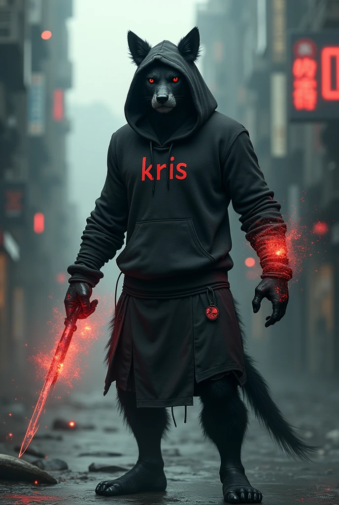 Create character animal anime;
{background: capital HD text: “GLBK” in right-top, bad city}, black skin,
realistic, HDR, full body, use magic, age 20, hoodie HD text: “Kris”, male