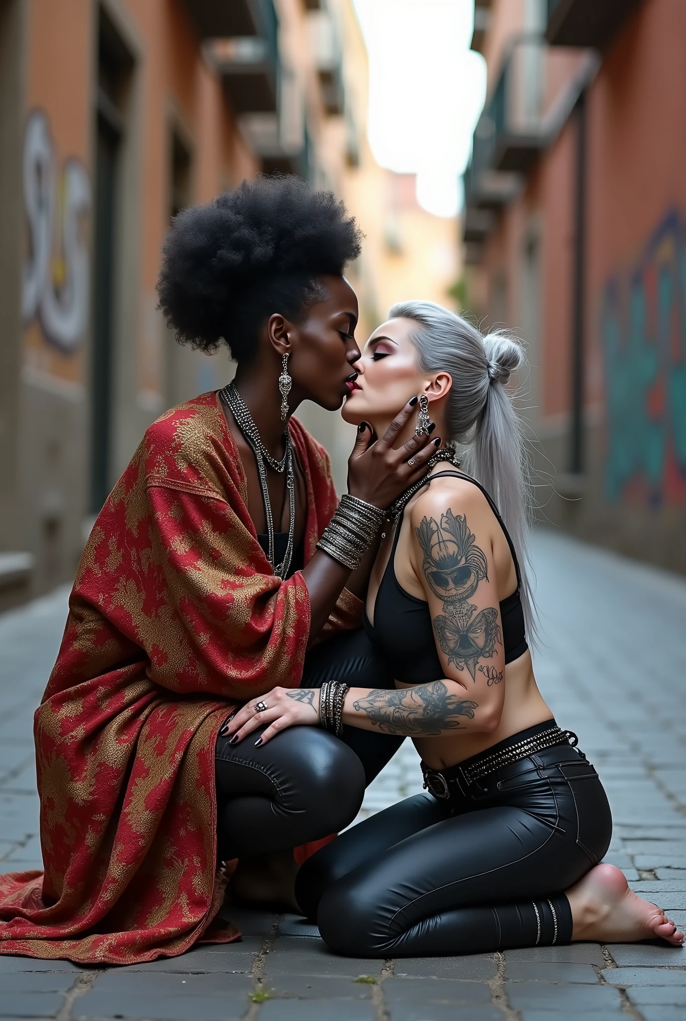 Three russian old  milf women: the strong, muscular , dominant dark skinned gipsy woman (black afro, long african traditional colourful tunic, barefoot), squatting with possessive stance (arms around her two girlfriends' necks). At her feet, kneeling on the ground,her two caucasian girlfriends (pale faces, pale necks, pale chest, pale stomach, pale arms, pale hands, pale feet) groping and kissing each other,  weak, light grey hair, submissive and needy, feeling defeated and needy, in laid back postures  with hands touching their thongs or their necks or chest, looking at each other with open mouths, arched back,  different clothes but all wearing clothes in rock chic style. grey hair (bouffant, top bun, shaved sides). Big lips.  Black lace push up bras, silicone breasts,, low rise skinny leather jeans. Both Barefoot.. Lots of thick wide studded bracelets, chain necklaces and big rings,. Long earrings with chains and feathers. Chains around their hips. Lounging lazily on the ground with bended knees, separated legs and arched backs. Lazy, leaning back, laid back pose, separated legs. Neck tattoed,  chest tattoed, stomach tattoed, feet, hands, arms and wrists heavily tattoed.  Toned abdominals, thin neck, slim legs and thin arms. Narrow hips. Both, open legs. Full body. At a Madrid narrow street with graffitied walls. 