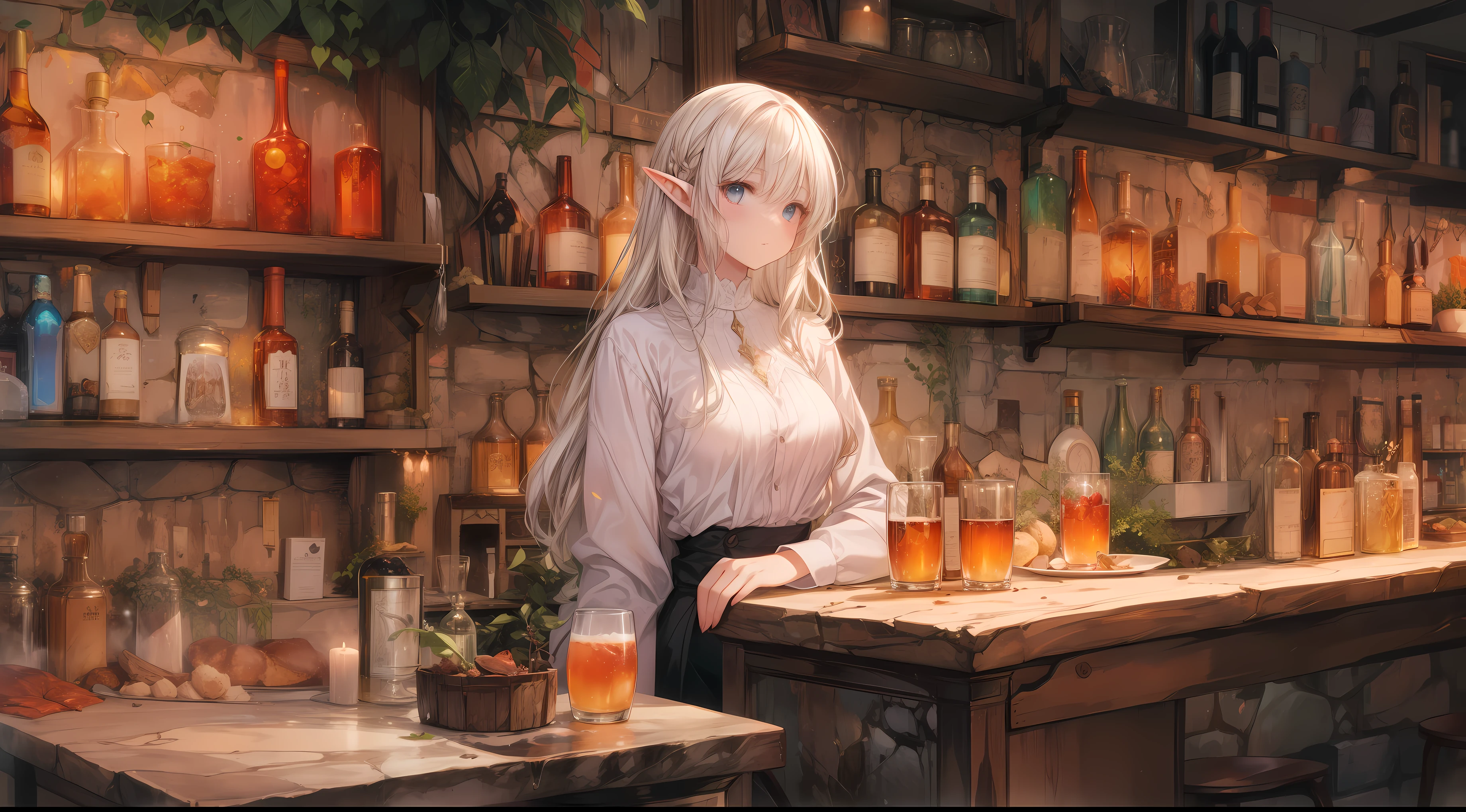 An atmospheric, anime-style scene set in a sophisticated elven bar. The elegant elf bartender is gracefully serving drinks to customers at a wooden counter. The bar is warmly lit by candlelight, with vintage bottles and glasses neatly arranged on stone shelves. The walls are made of ancient stone, and the atmosphere is cozy, calm, and inviting, perfect for a quiet, serene evening in a fantasy setting. The overall scene is depicted in a detailed anime style, capturing the magical and refined nature of the elven world.