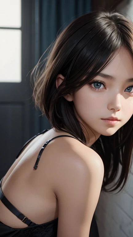 a girl who has short, beautiful shoulder-length hair and eyes that have the impression of a sharp gaze and has a cheeky and indifferent facial gesture