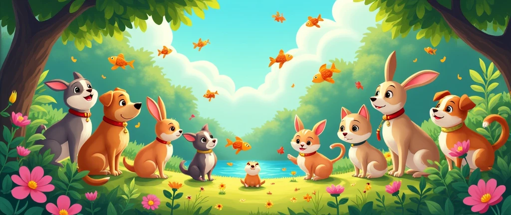 Animated pets, animals, birds,fish in a garden. In youtube banner size. Eden Ogrod heading include