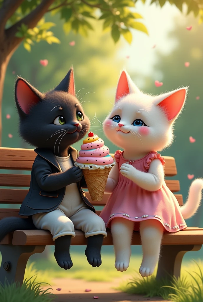 Image 4**: The cats are sitting on a park bench, sharing a large ice cream sundae. They have joyful expressions, with the black cat weaing a jacket and white pant feeding a spoonful of ice cream to the rainbow-colored white cat cat. Wearing a dress realistic image