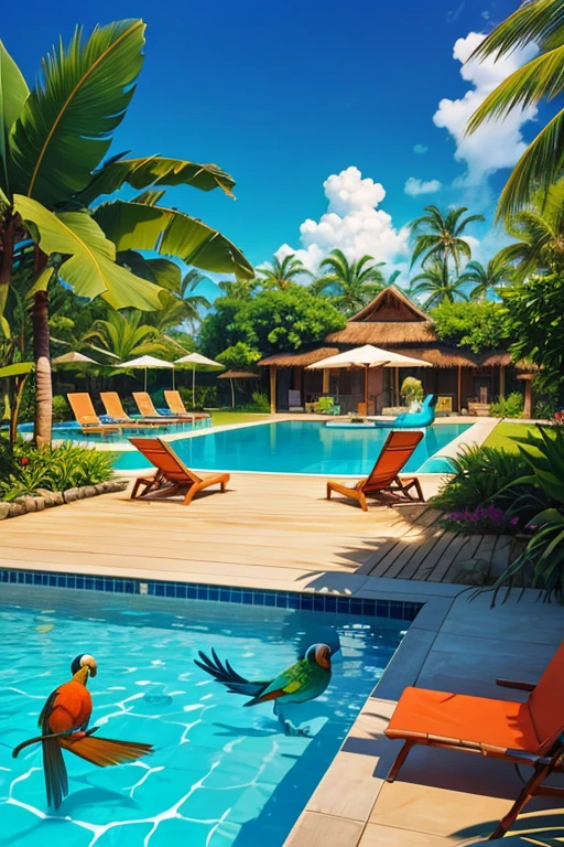 A stylized illustration of a tropical resort in the Pantanal. The scene includes a swim-up bar in a large, crystal-clear pool, with a blue macaw perched nearby. Umbrellas and lounge chairs surround the pool, with green foliage and a water slide in the background, creating a fun and relaxing atmosphere.