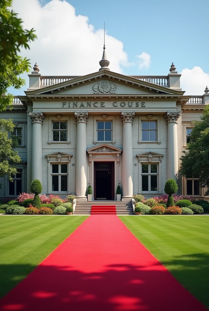 Create a building with British, state design and a concrete on the building written FINANCE HOUSE on it's own compound with Grass and flowers with red carpet on entrance